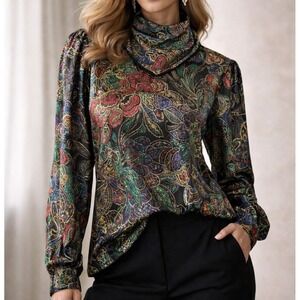 VTG Eva Laurel Satin Blouse Womens M Boho Luxe Paisley Bandana Button Back Artsy